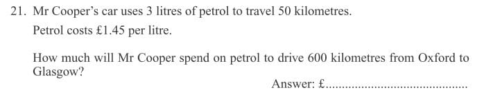 Mr Cooper%u2019s car uses 3 litres of petrol to travel 50 kilometres question