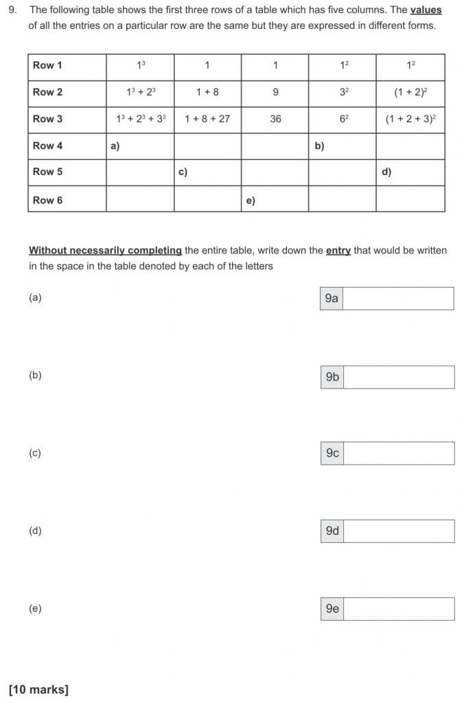 The following table shows the first three rows of a table which has five columns question