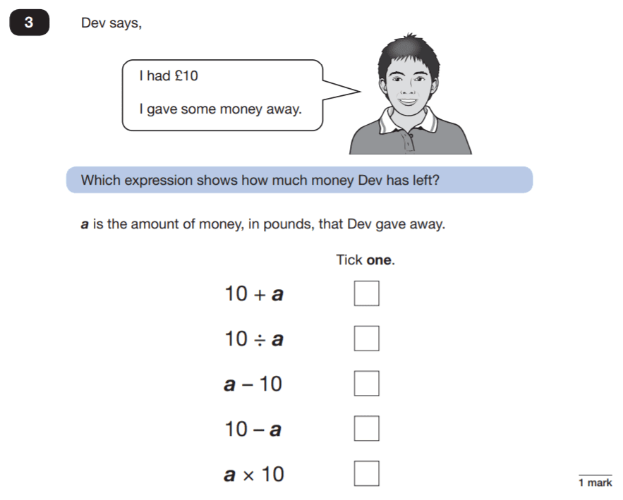 Question 03 Maths KS2 SATs Papers 2019 - Year 6 Practice Paper 3 Reasoning, Algebra, Algebraic Expression, Money
