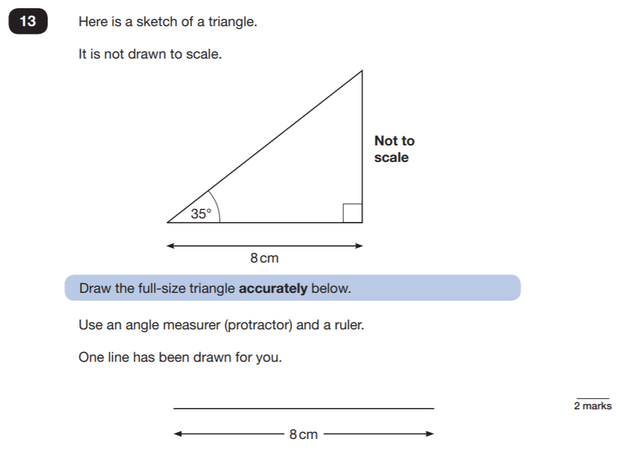 Question 13 Maths KS2 SATs Papers 2019 - Year 6 Sample Paper 2 Reasoning, Geometry, Diagram drawing, Angles, Triangles, Measurement, Ruler Measurement