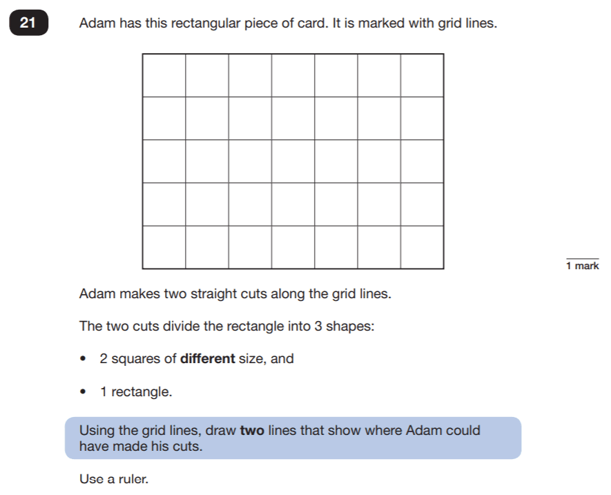 Question 21 Maths KS2 SATs Papers 2019 - Year 6 Practice Paper 2 Reasoning, Geometry, Diagram drawing, Square, 2D shapes, Rectangle