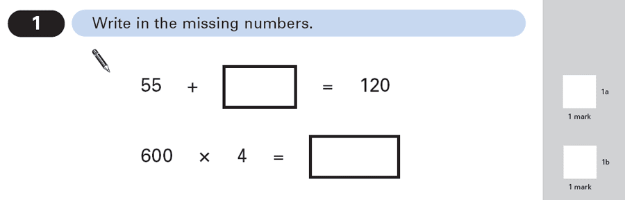 Question 01 Maths KS2 SATs Papers 2003 - Year 6 Exam Paper 1, Numbers, Multiplication, Subtraction