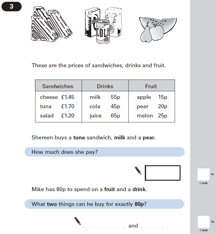 Question 03 Maths KS2 SATs Papers 2004 - Year 6 Sample Paper 1, Numbers, Addition, Money