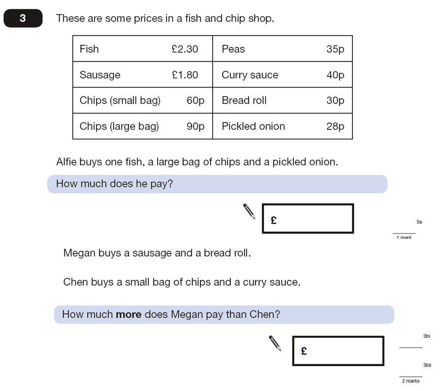 Question 03 Maths KS2 SATs Papers 2015 - Year 6 Practice Paper 2, Numbers, Subtraction, Word Problems, Addition, Money