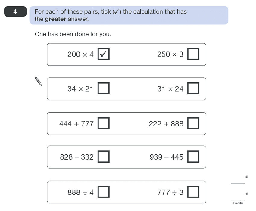 Question 04 Maths KS2 SATs Papers 2011 - Year 6 Past Paper 2, Numbers, Division, Subtraction, Multiplication, Addition, Order and Compare Numbers