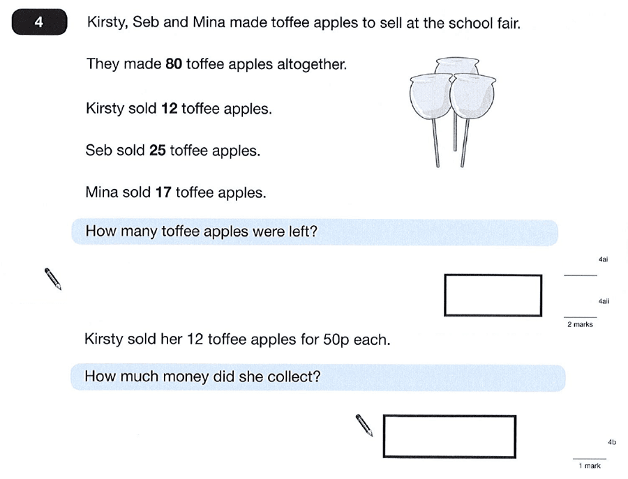Question 04 Maths KS2 SATs Papers 2012 - Year 6 Exam Paper 1, Numbers, Subtraction, Word Problems, Addition, Money