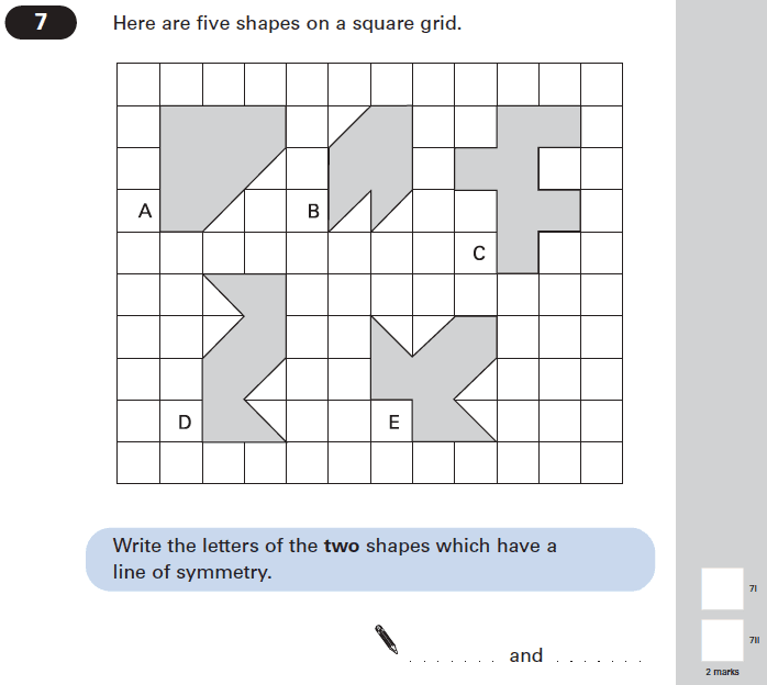 Question 07 Maths KS2 SATs Papers 2004 - Year 6 Sample Paper 1, Geometry, 2D shapes, Lines of Symmetry