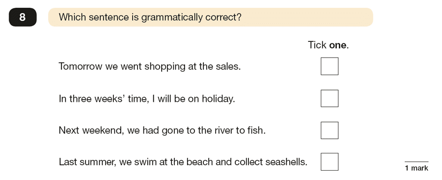 Question 08 SPaG KS2 SATs Papers 2018 - Year 6 English Sample Paper 1, Verb forms, tenses and consistency