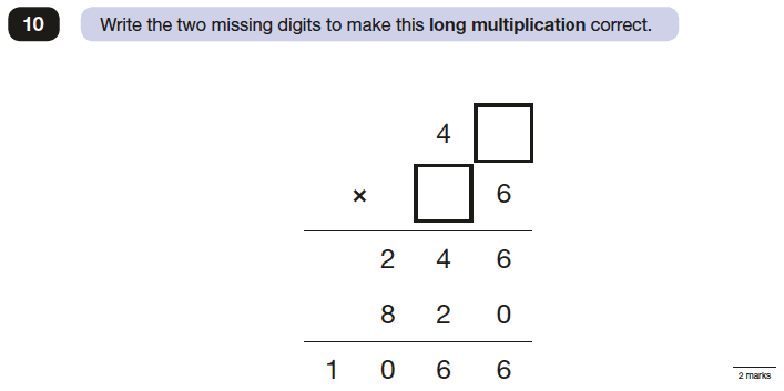 Question 10 Maths KS2 SATs Papers 2016 - Year 6 Practice Paper 2 Reasoning, Numbers, Missing Digits, Multiplication