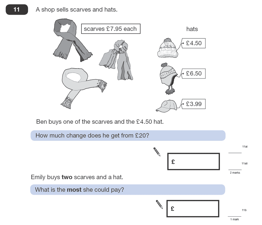 Question 11 Maths KS2 SATs Papers 2008 - Year 6 Practice Paper 1, Numbers, Addition, Subtraction, Word Problems, Money