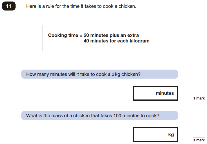 Question 11 Maths KS2 SATs Papers 2017 - Year 6 Practice Paper 2 Reasoning, Algebra, Linear Equations, Substitution