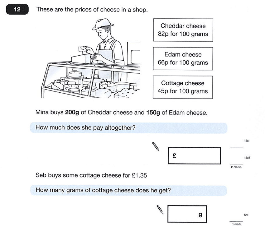 Question 12 Maths KS2 SATs Papers 2012 - Year 6 Exam Paper 1, Numbers, Word Problems, Ratio & Proportion, Money