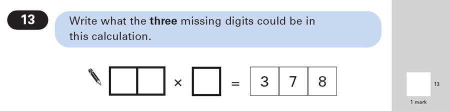 Question 13 Maths KS2 SATs Papers 2003 - Year 6 Exam Paper 2, Numbers, Multiplication, Missing Digits, Factors