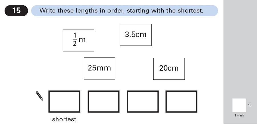 Question 15 Maths KS2 SATs Papers 2003 - Year 6 Sample Paper 2, Numbers, Order and Compare Numbers, Decimals, Fractions, Measurement, Unit Conversions