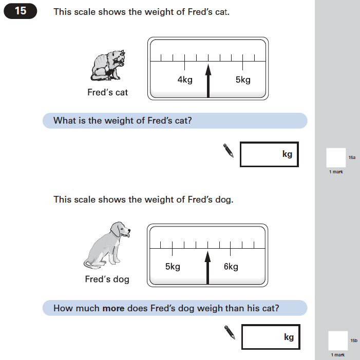 Question 15 Maths KS2 SATs Papers 2004 - Year 6 Past Paper 2, Numbers, Decimals, Subtraction, Measurement, Scale reading