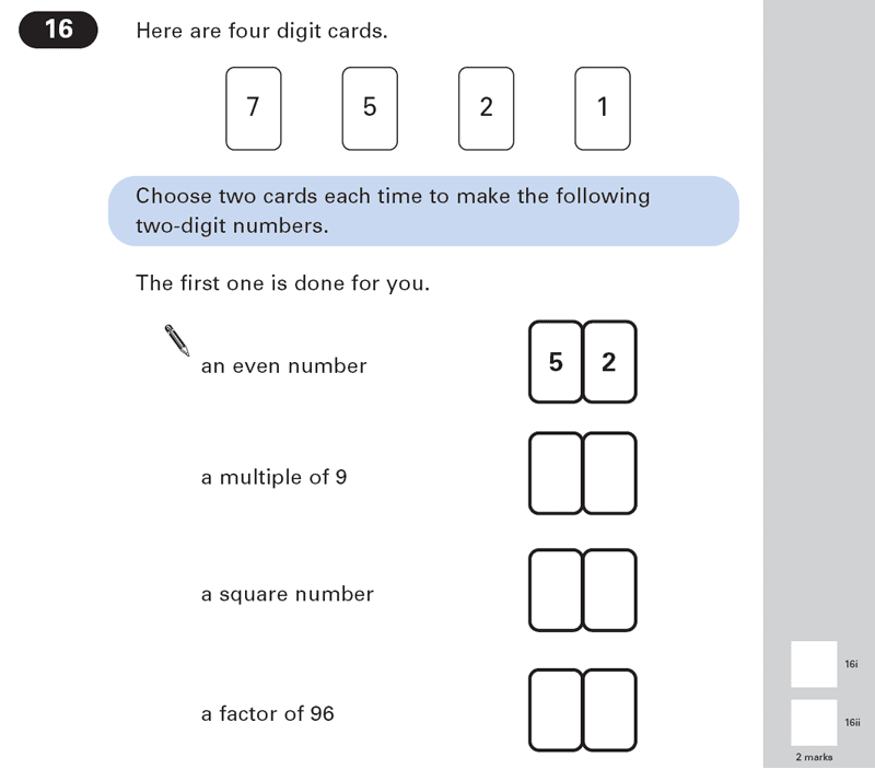 Question 16 Maths KS2 SATs Papers 2003 - Year 6 Practice Paper 1, Numbers, Factors, Square Numbers, Multiples, Even and odd Numbers