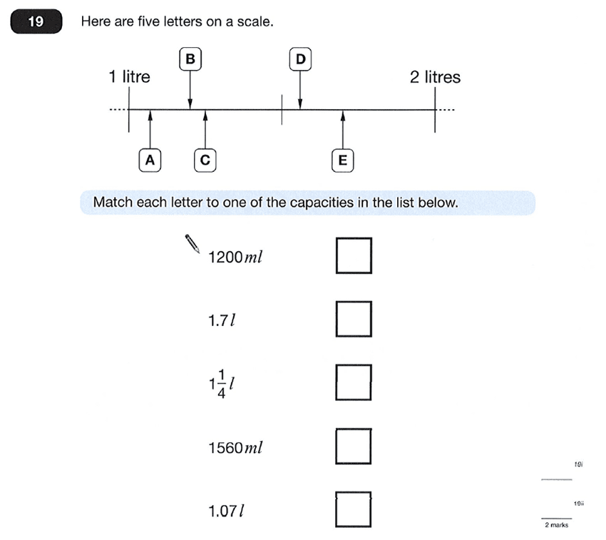 Question 19 Maths KS2 SATs Papers 2012 - Year 6 Practice Paper 1, Measurement, Scale reading