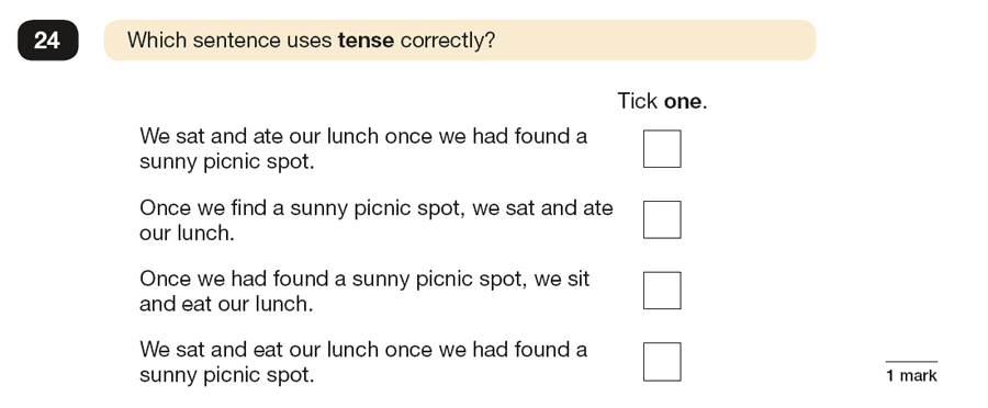 Question 24 SPaG KS2 SATs Papers 2019 - Year 6 English Sample Paper 1, Verb forms, tenses and consistency