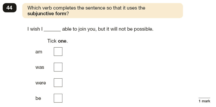 Question 44 SPaG KS2 SATs Papers 2016 - Year 6 English Exam Paper 1, Verb forms, tenses and consistency
