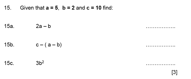 Aldenham School - 11+ Maths Sample Paper 2019 Question 17, Algebra, Substitution, Simplifying expressions, BIDMAS
