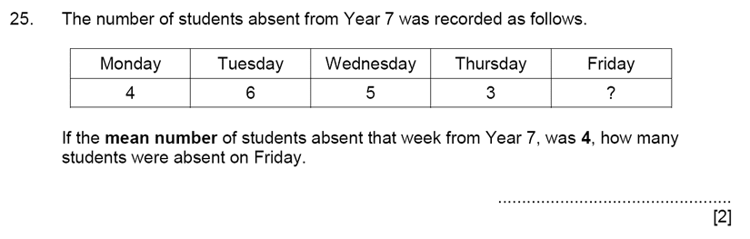 Aldenham School - 11+ Maths Sample Paper 2019 Question 27, Numbers, Word Problems, Statistics, Mean Median Mode Range