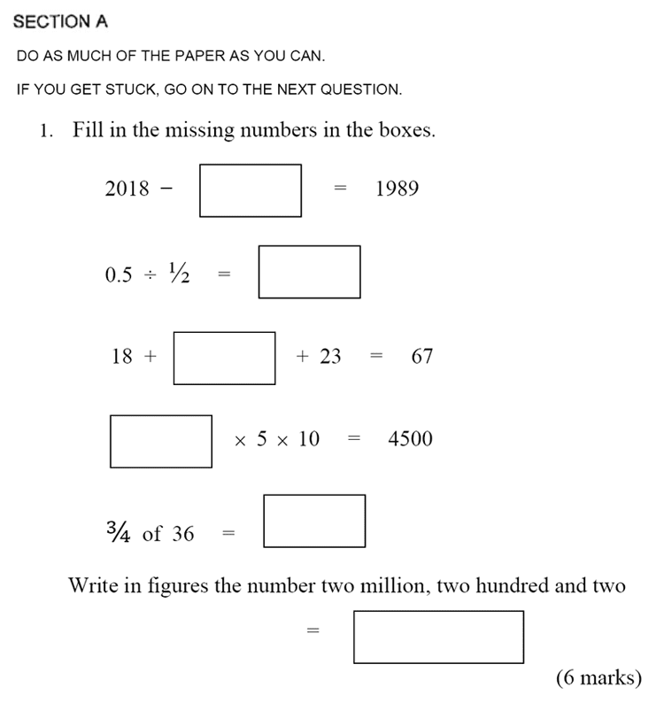 Bancroft’s School - Sample 11+ Maths Paper 2020 Question 01, Numbers, Reading and Writing Numbers, Multiplication, Addition, Division, Fractions