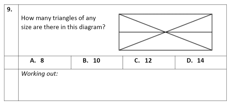 Eltham College - 11 Plus Maths Sample Paper - 2020 Question 09, Numbers, Counting, Geometry, 2D Shapes, Triangles, Logical Problems