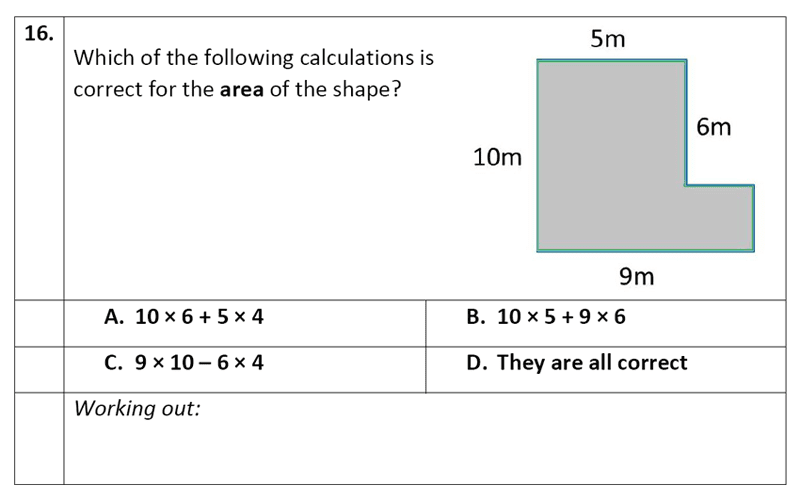 Eltham College - 11 Plus Maths Sample Paper - 2020 Question 16, Geometry, Area & Perimeter, Rectangle, Compound Shapes