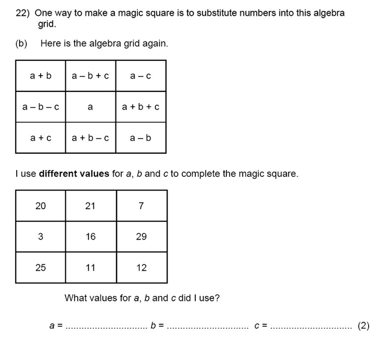 Kent College, Canterbury - 11 Plus Maths Entrance Exam 2020 Question 26, Magic square, Algebra, Simultaneous Equations, Substitution, Simplifying expressions