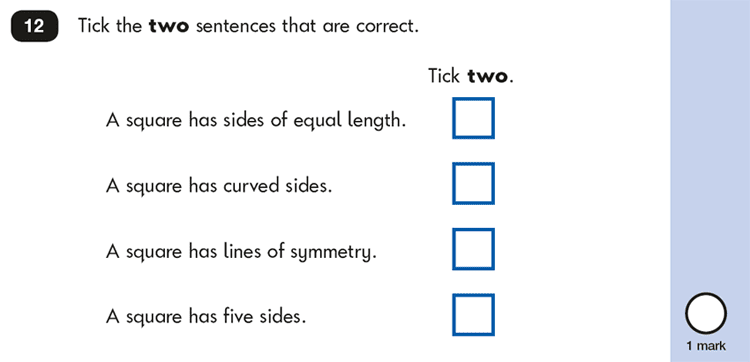 Question 12 Maths KS1 SATs Papers 2016 - Year 2 Sample Paper 2 Reasoning, Geometry, 2D shapes, Properties of shapes