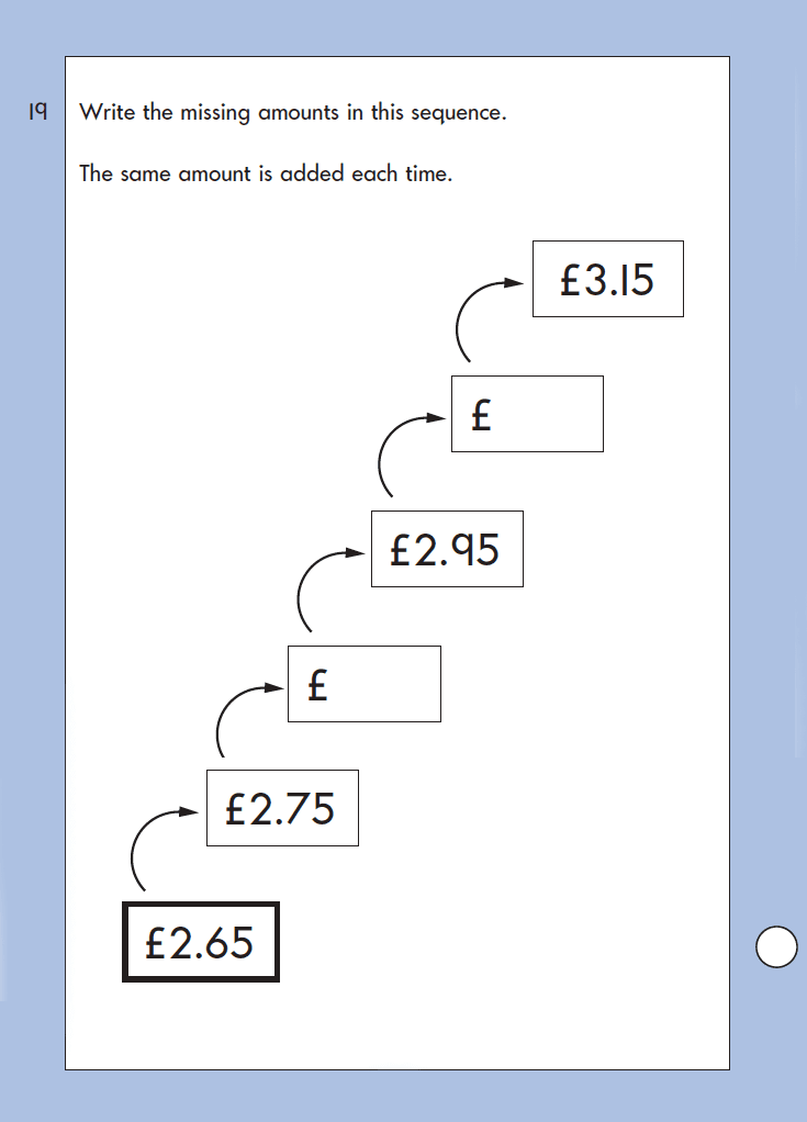 Question 19 Maths KS1 SATs Papers 2004 - Year 2 Test Paper 2, Numbers, Counting backwards, Counting forward, Measurement, Money