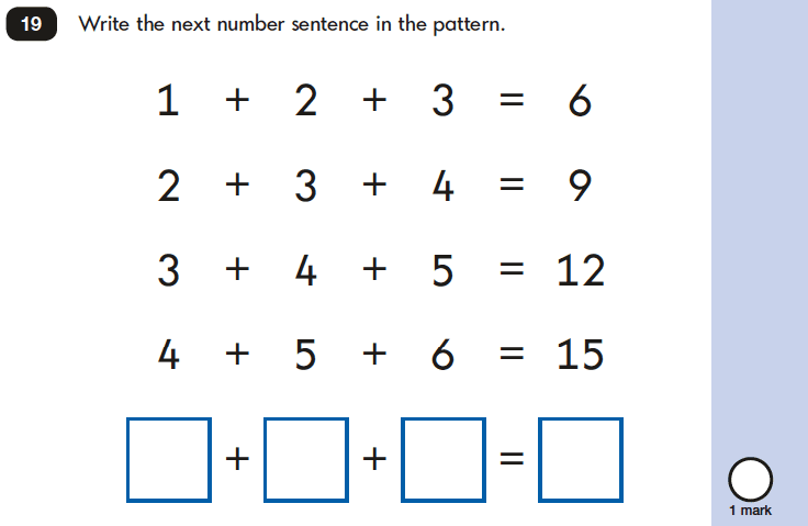 Question 19 Maths KS1 SATs Papers 2019 - Year 2 Practice Paper 2 Reasoning, Numbers, Counting forward, Logical problems, Calculations, Addition
