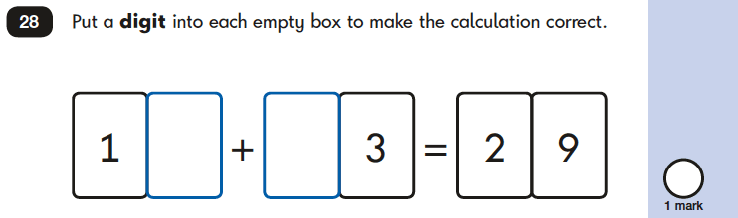 Question 28 Maths KS1 SATs Papers 2019 - Year 2 Practice Paper 2 Reasoning, Calculations, Addition, Missing digits