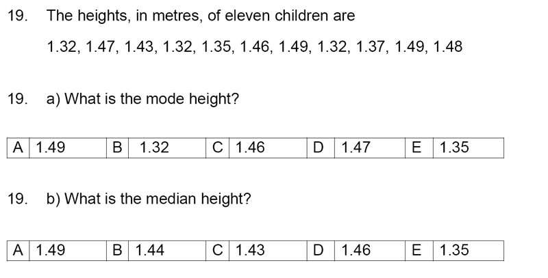 Streatham and Clapham High School - 11+ Maths Entrance Exam Section A and B 2019 Question 19, Statistics, Mean Median Mode Range