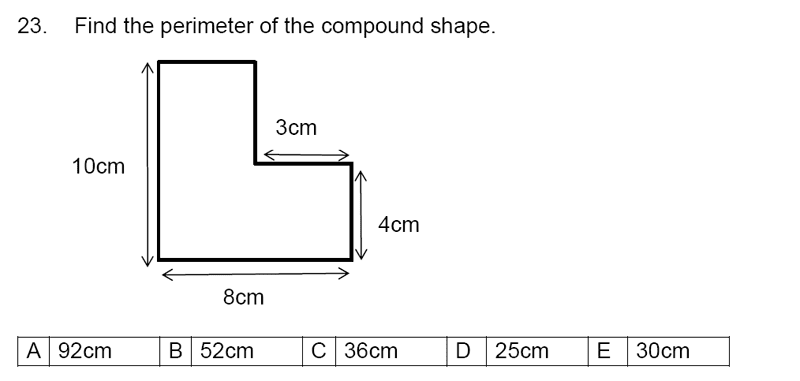 Streatham and Clapham High School - 11+ Maths Entrance Exam Section A and B 2019 Question 23, Geometry, Area & Perimeter, Compound Shapes