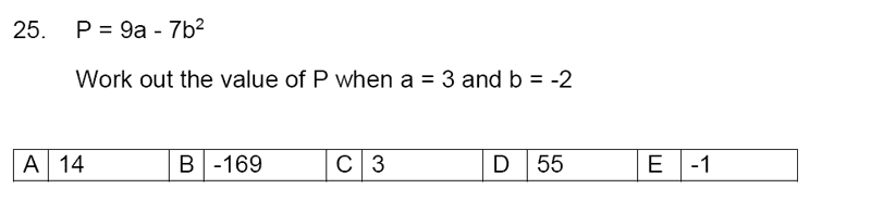 Streatham and Clapham High School - 11+ Maths Entrance Exam Section A and B 2019 Question 25, Algebra, Substitution, Simplifying expressions