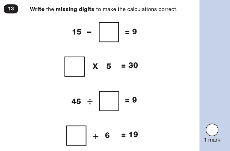 Question 13 Maths KS1 SATs Past Paper 1 - Reasoning Part B, Calculations, Subtraction, Division, Multiplication, Addition, Missing digits