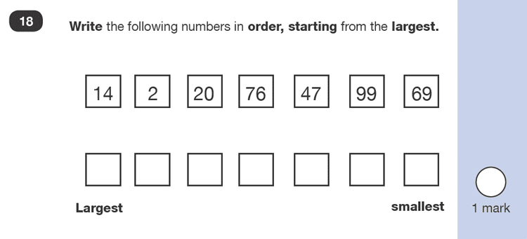 Question 18 Maths KS1 SATs Past Paper 2 - Reasoning Part B, Numbers, Order and Compare