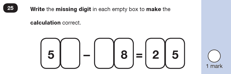 Question 25 Maths KS1 SATs Practice Paper 5 - Reasoning Part B, Calculations, Subtraction, Missing digits
