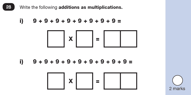 Question 28 Maths KS1 SATs Past Paper 5 - Reasoning Part B, Calculations, Addition, Multiplication, Logical problems