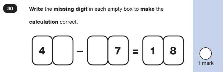 Question 30 Maths KS1 SATs Practice Paper 1 - Reasoning Part B, Calculations, Subtraction, Missing digits