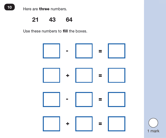 Maths KS1 SATs SET 7 - Paper 2 Reasoning Question 10, Calculations, Addition, Subtraction, Logical problems