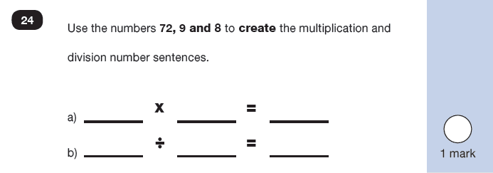 Maths KS1 SATs SET 7 - Paper 2 Reasoning Question 24, Calculations, Division, Missing digits, Multiplication