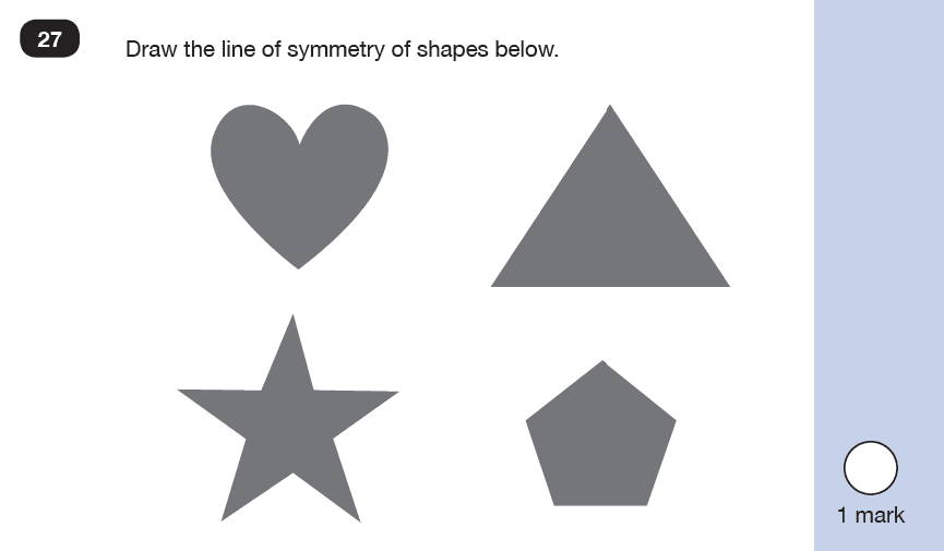 Maths KS1 SATs SET 8 - Paper 2 Reasoning Question 27, Geometry, Lines of symmetry, 2D shapes