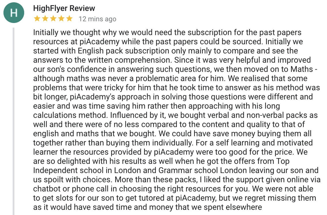 11 Plus Past Papers Testimonial from 11+ Parent