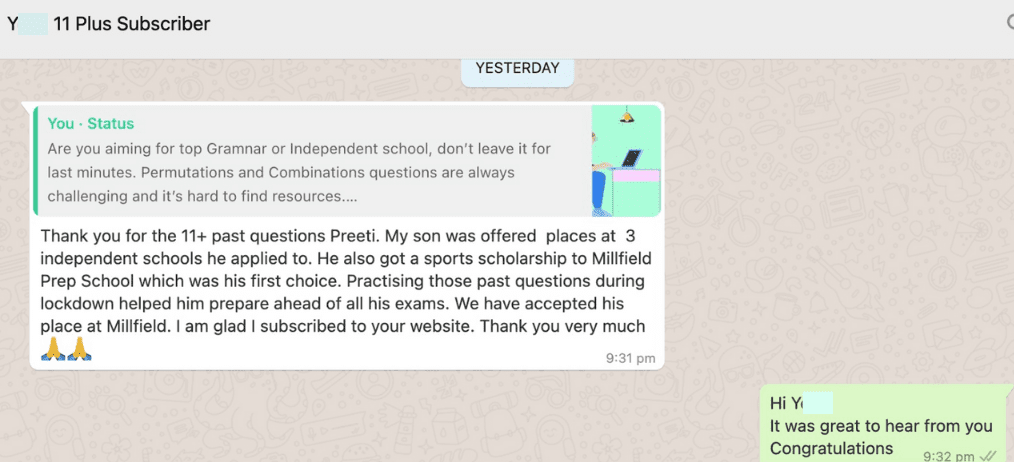 Testimonial - Whatsapp review 3 on 11+ Past Papers