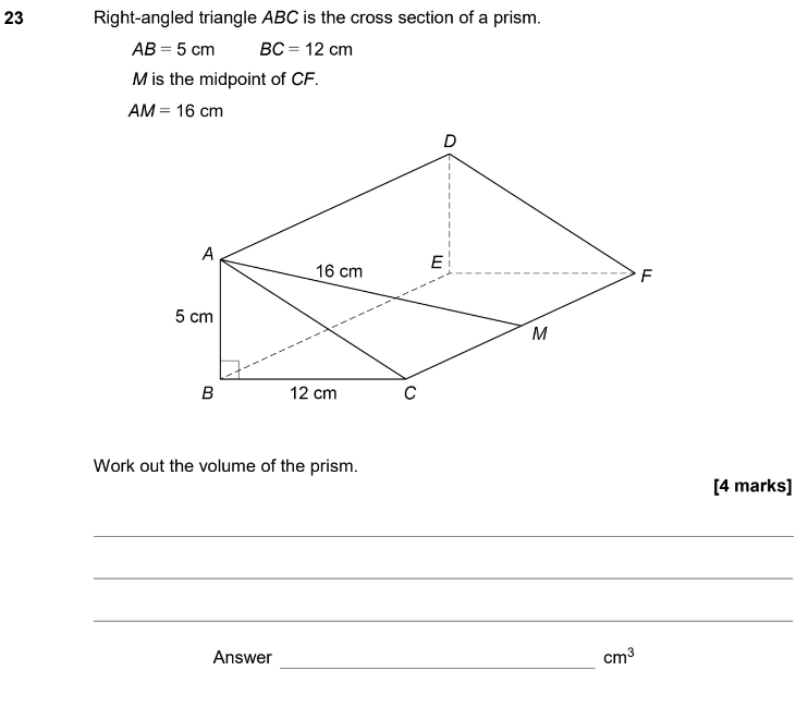 Question 23 - AQA GCSE Higher 2020 Past Paper 2 - Geometry and Measures, Prisms, Volume & Surface Area, Pythagoras Theorem, Angles, Triangles, 3D Shapes Question By Topic