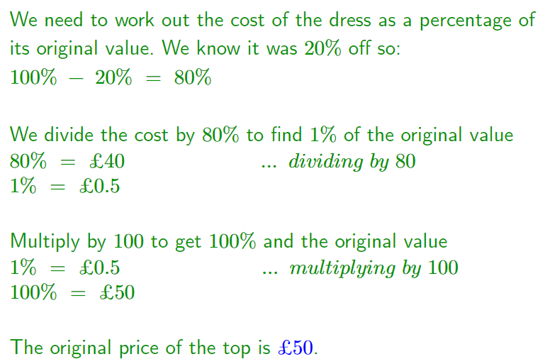 Reverse Percentages Example Solution 01