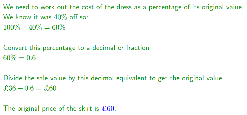 Reverse Percentages Example Solution 02